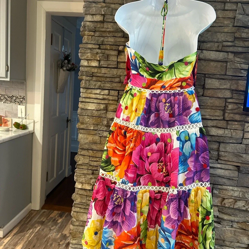 Farm Rio Chita Rainbow Floral Halter Dress New M - Picture 4 of 10